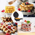 Black mini electric waffle maker with non-stick cooking surface and circular grid pattern for easy waffle preparation