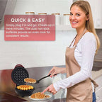 Mini electric waffle maker in red and black with dual non-stick cooking surfaces for easy waffle preparation