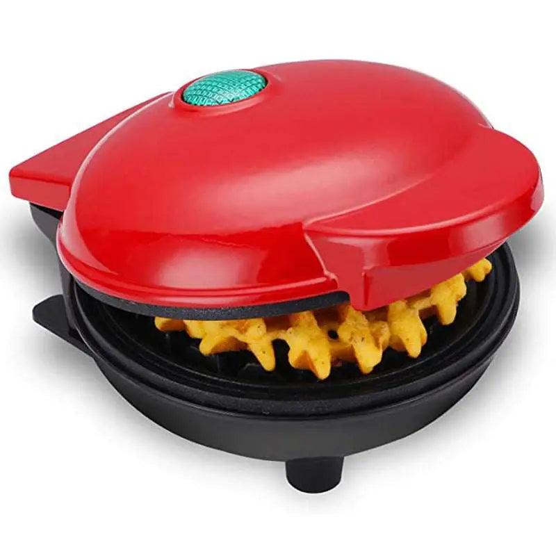 Mini electric waffle maker in red and black with teal button features non-stick cooking surface for easy waffle preparation