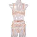 Beige lace embroidery lingerie set with mini flowers steel ring embroidery and adjustable straps for elegant wear