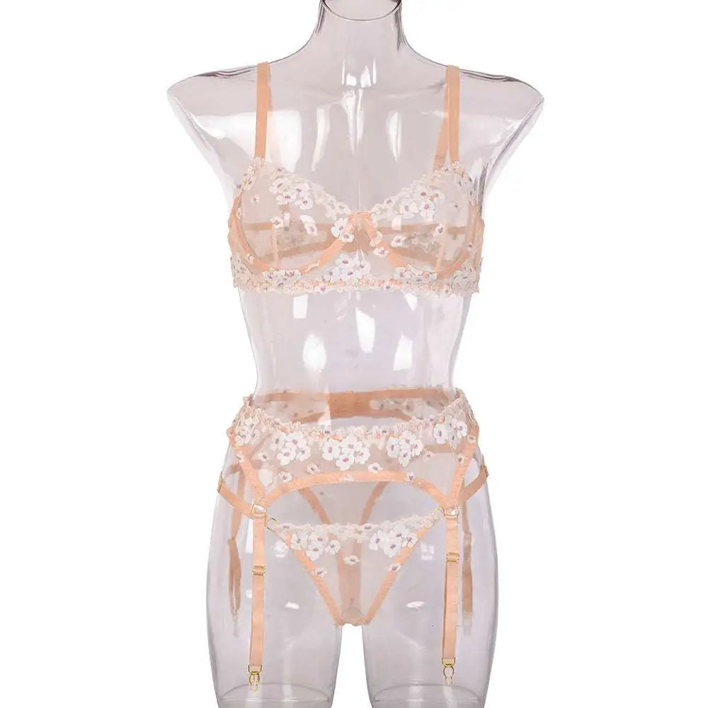 Beige lace embroidery lingerie set with mini flowers steel ring embroidery and adjustable straps for elegant wear
