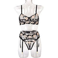 Black and blush pink floral lace embroidery lingerie set with mini flowers steel ring embroidery and sheer mesh panels