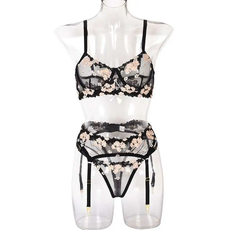 Black and blush pink floral lace embroidery lingerie set with mini flowers steel ring embroidery and sheer mesh panels
