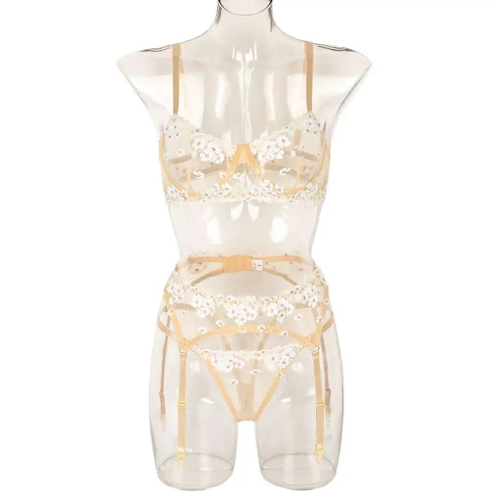Transparent lace embroidery lingerie set with mini flowers steel ring embroidery and beige satin straps