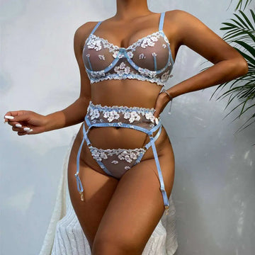 Light blue sheer lace embroidery lingerie set with mini flowers steel ring embroidery and adjustable straps