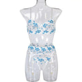 Transparent lingerie set with delicate blue mini flowers steel ring embroidery on sheer see-through fabric
