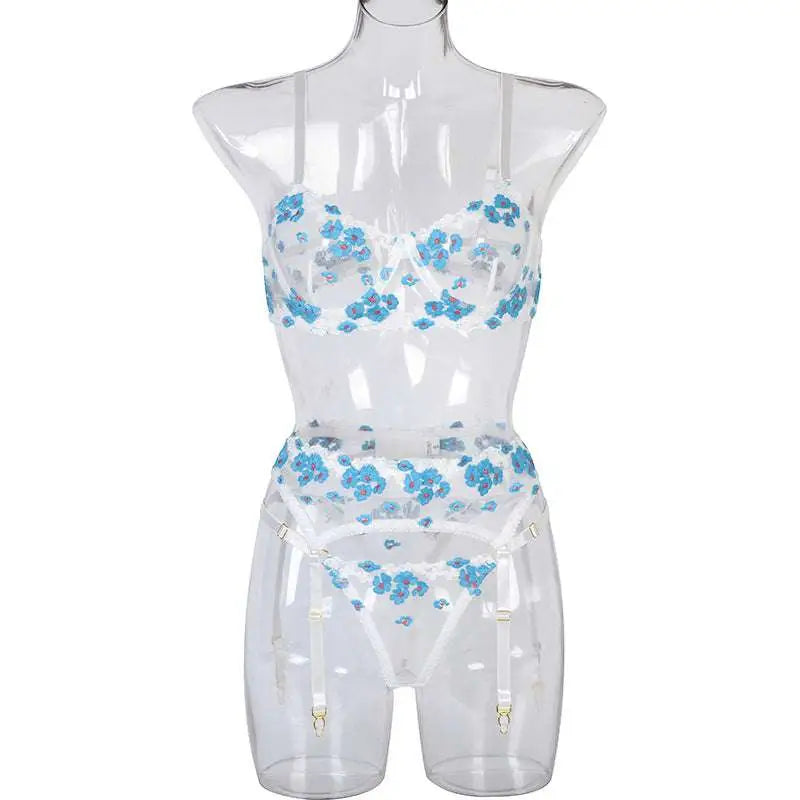 Transparent lingerie set with delicate blue mini flowers steel ring embroidery on sheer see-through fabric