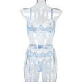 Transparent blue lace embroidery lingerie set with mini flowers steel ring embroidery and adjustable straps