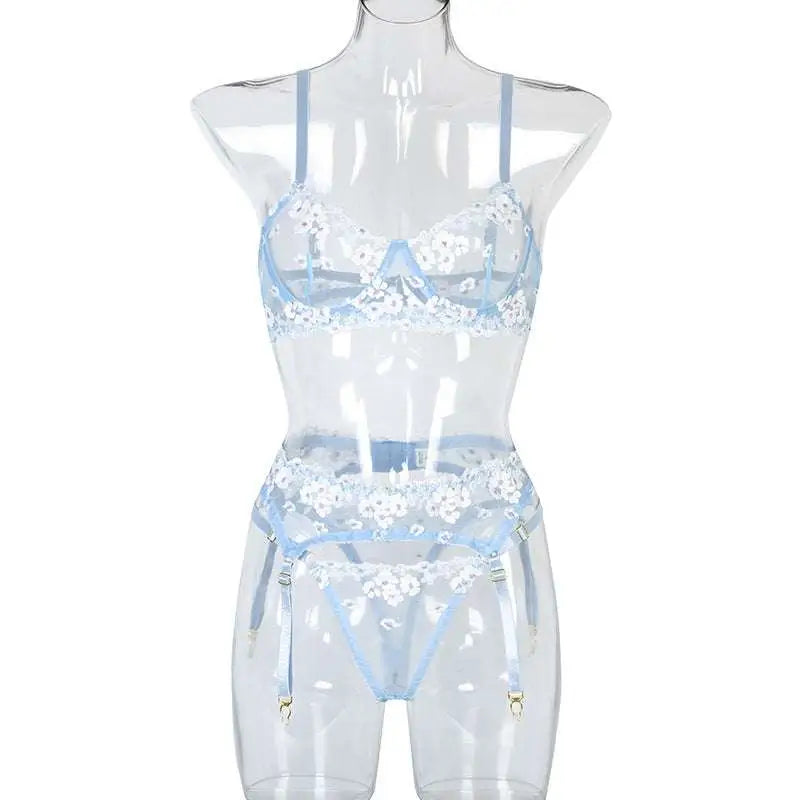 Transparent blue lace embroidery lingerie set with mini flowers steel ring embroidery and adjustable straps