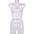 Pink lace embroidery lingerie set with mini flowers steel ring embroidery and adjustable straps