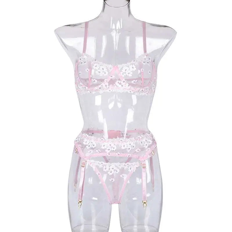 Pink lace embroidery lingerie set with mini flowers steel ring embroidery and adjustable straps
