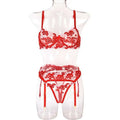 Red lace embroidery lingerie set with mini flowers steel ring embroidery and adjustable straps for elegant wear