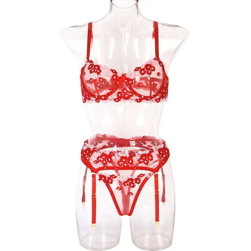 Red lace embroidery lingerie set with mini flowers steel ring embroidery and adjustable straps for elegant wear