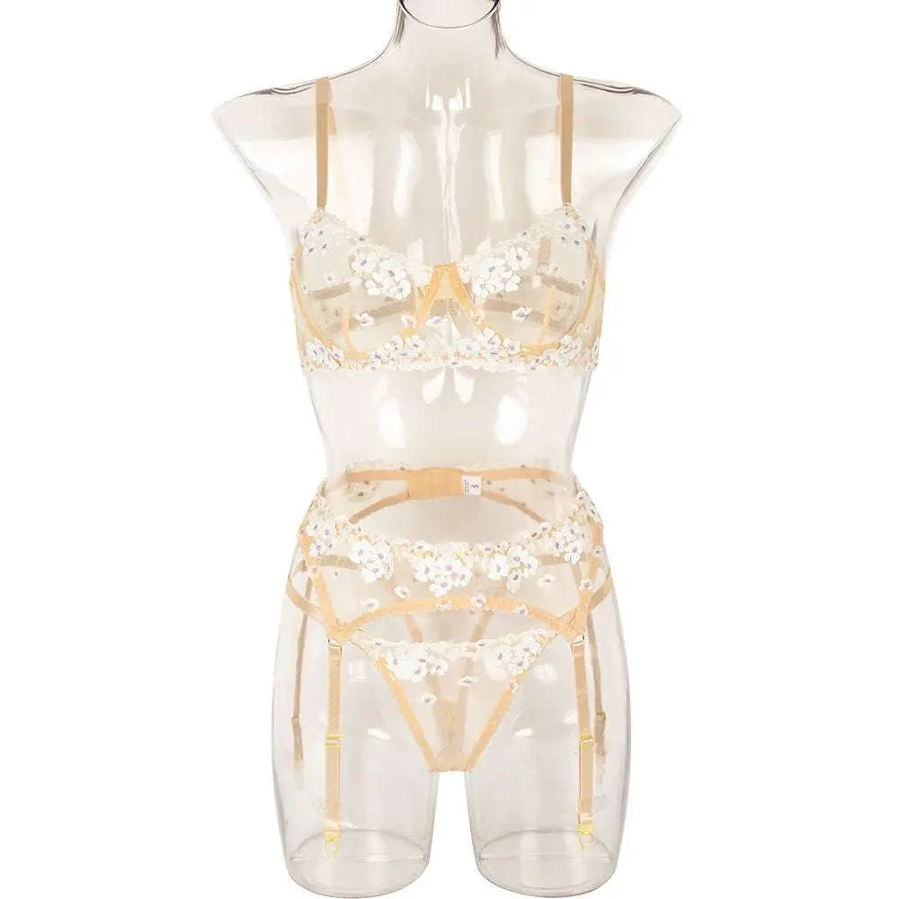 Transparent lace embroidery lingerie set with mini flowers steel ring embroidery and beige straps in delicate design