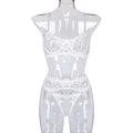 White lace embroidery lingerie set with mini flowers steel ring embroidery and gold-toned grommets detailing