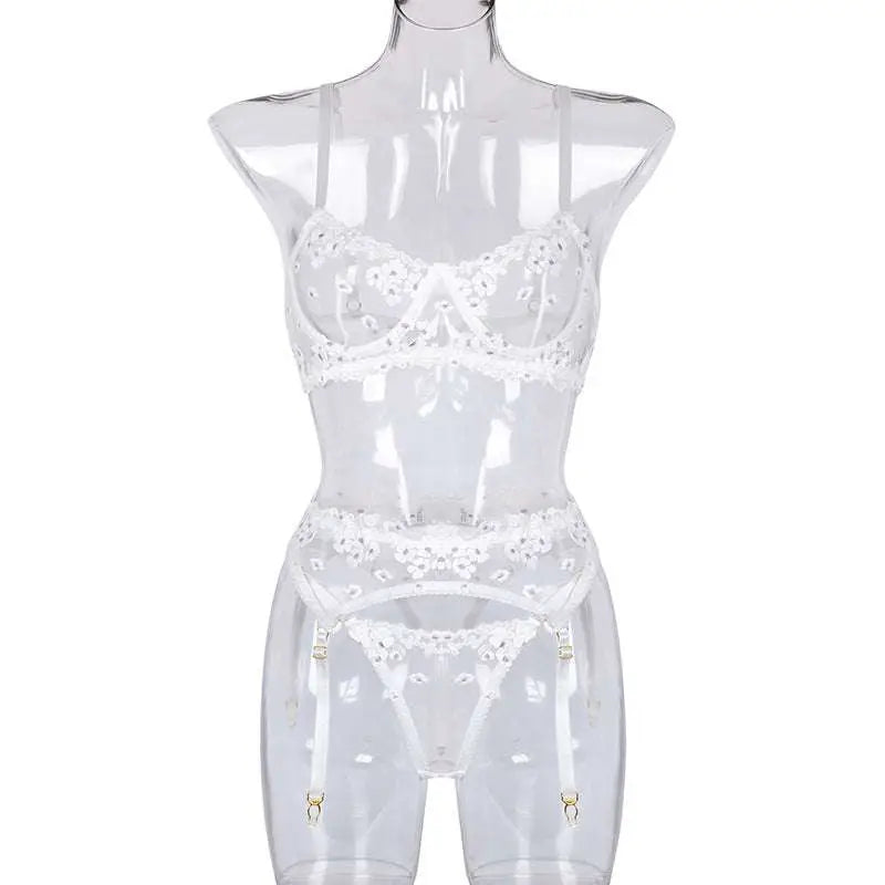 White lace embroidery lingerie set with mini flowers steel ring embroidery and gold-toned grommets detailing