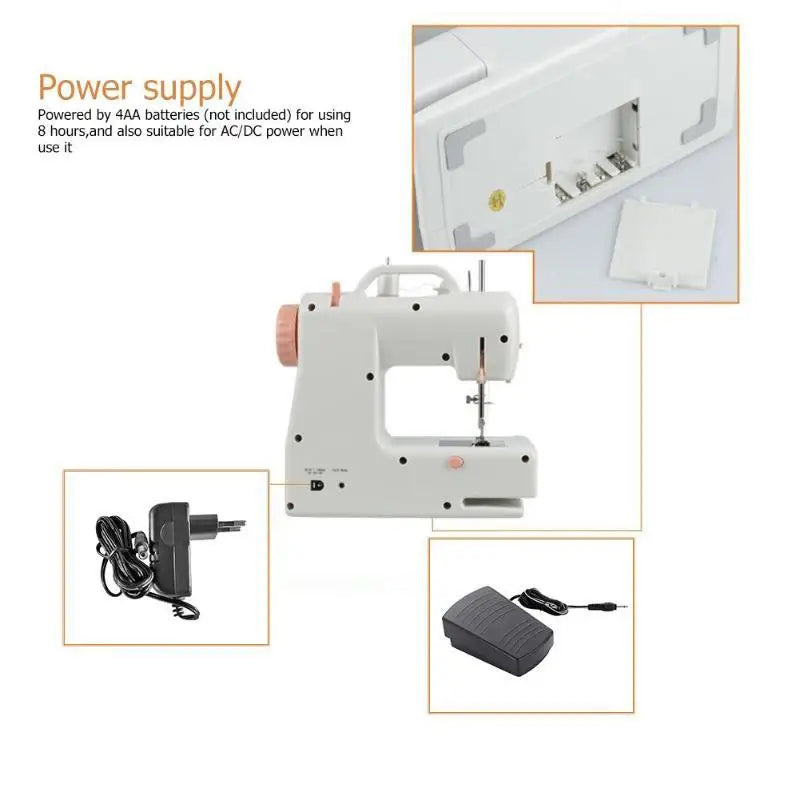 White electric mini home sewing machine with peach-colored accents and led light for efficient home sewing
