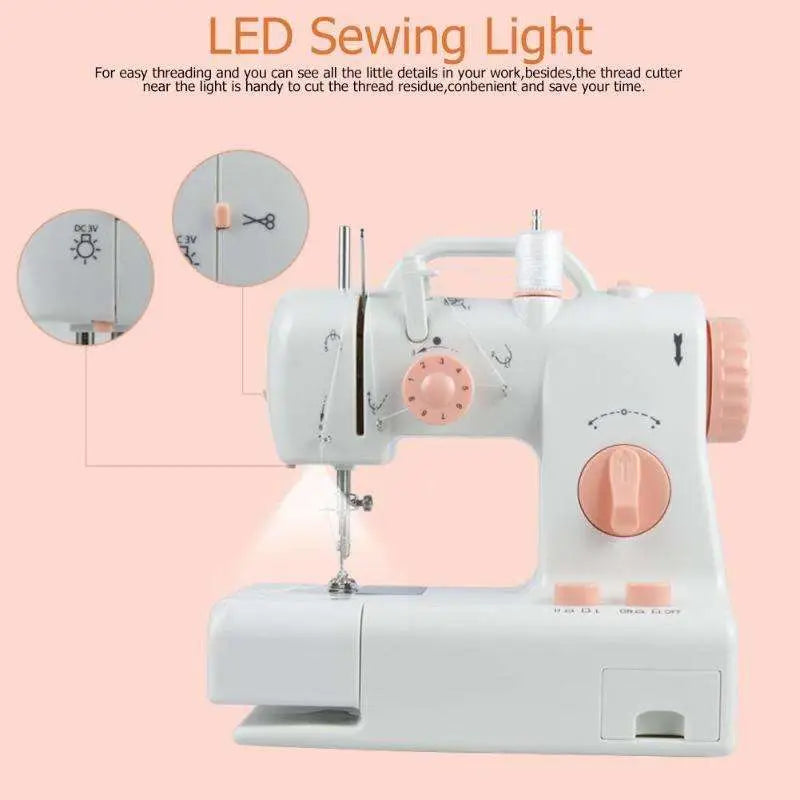 White and peach-colored mini home sewing machine with led light and multiple control knobs for efficient home sewing