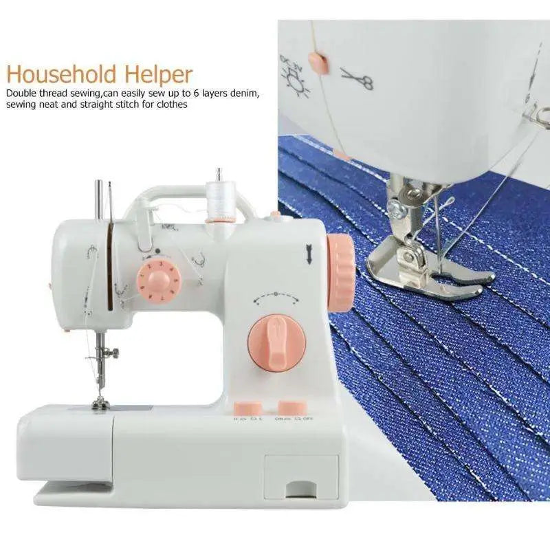 White and peach-colored mini home sewing machine with compact design pink rotary dials and built-in led light for efficient home sewing