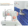 White and peach-colored mini home sewing machine with pink accents and LED light for efficient home sewing use