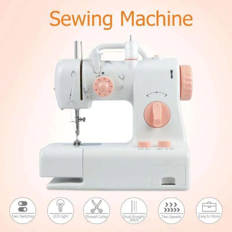 White and peach-colored mini home sewing machine with compact design pink rotary dials and built-in led light for efficient home sewing