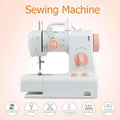 White and peach-colored mini home sewing machine with compact design pink rotary dials and built-in led light for efficient home sewing