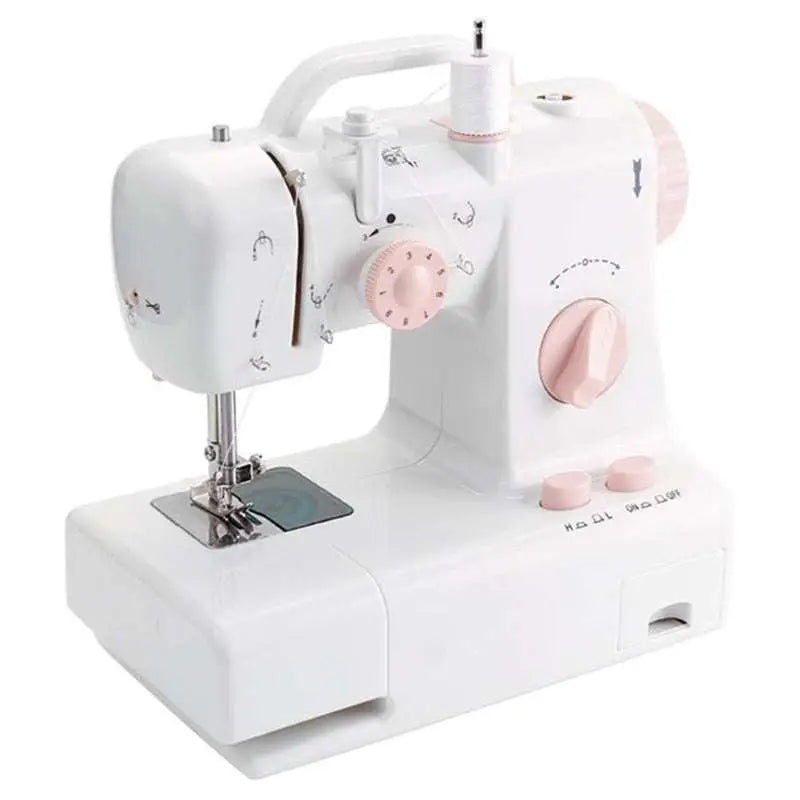 White and pink electric mini home sewing machine with decorative horse design and led light for efficient home sewing