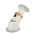 Cream-colored silicone mini neckline slimmer neck exerciser chin massager with gold band and gray rubber grip ends