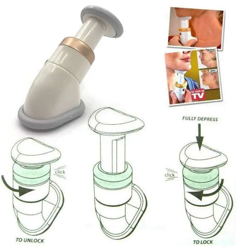 Cream-colored and gray plastic mini neckline slimmer neck exerciser chin massager with a gold accent band