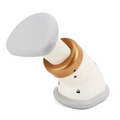 White and gold ergonomic earbud charging case with soft-touch silicone grips for mini neckline slimmer chin massager