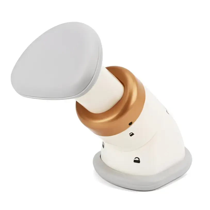 White and gold ergonomic earbud charging case with soft-touch silicone grips for mini neckline slimmer chin massager