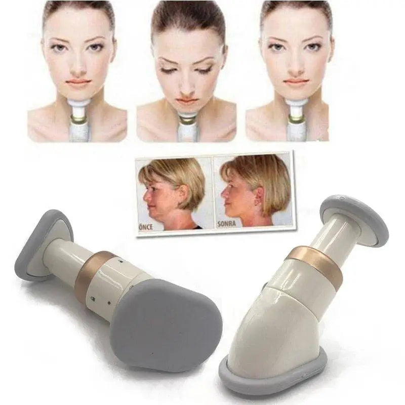 Cream-colored and gray mini neckline slimmer neck exerciser chin massager with gold accent band for contouring