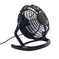 Black mini portable usb fan cooler with circular metal grille and plastic base for desktop and laptop cooling