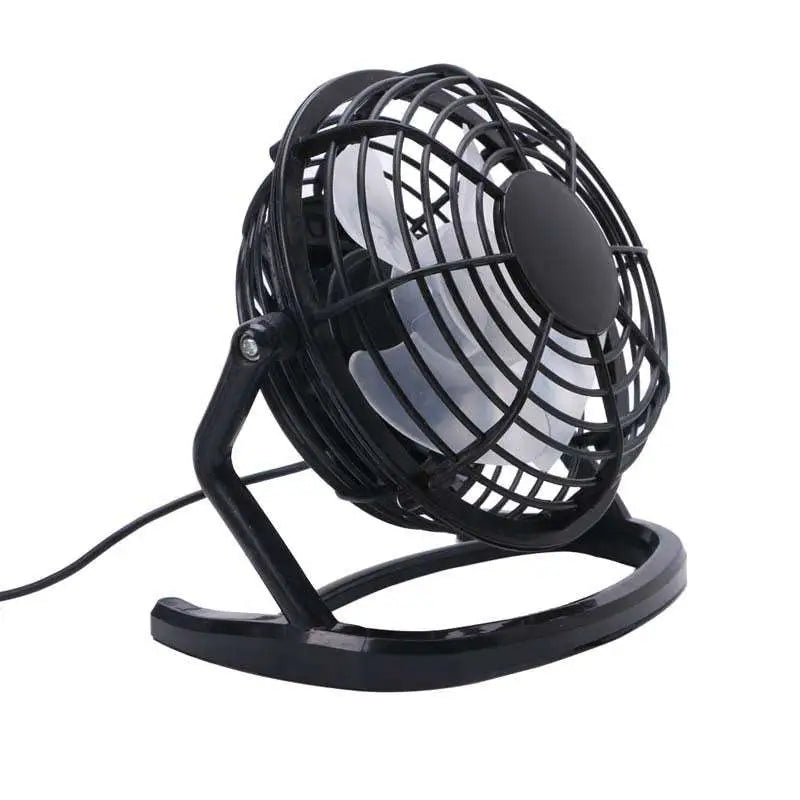 Black mini portable usb fan cooler with circular metal grille and plastic base for desktop and laptop cooling