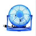 Blue mini portable usb fan cooler with circular plastic grille and stand for desktop and cooling laptop use