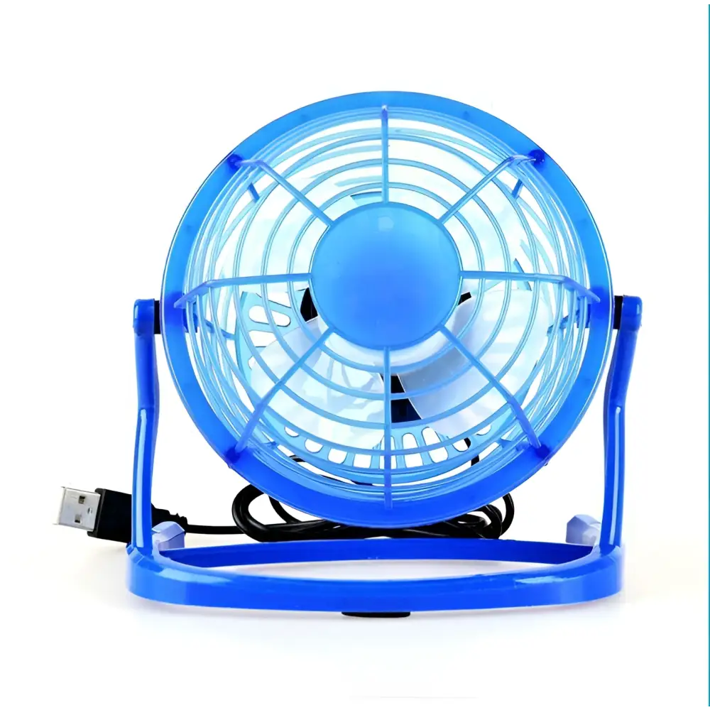 Blue mini portable usb fan cooler with circular plastic grille and stand for desktop and cooling laptop use