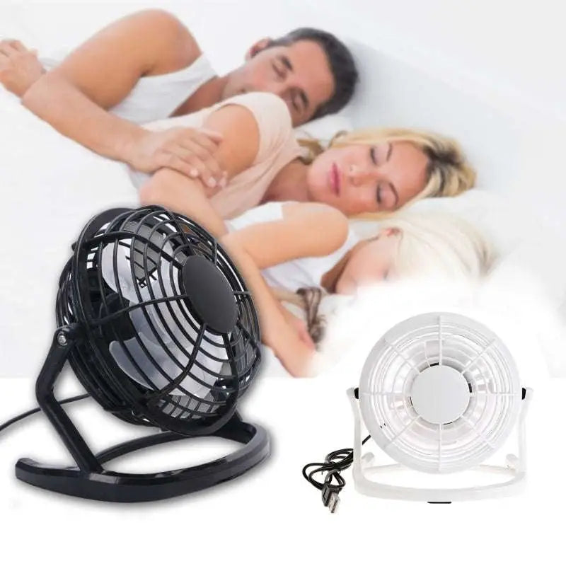 Black and white mini portable usb fan cooler for desktop and laptop with protective grille and adjustable stand