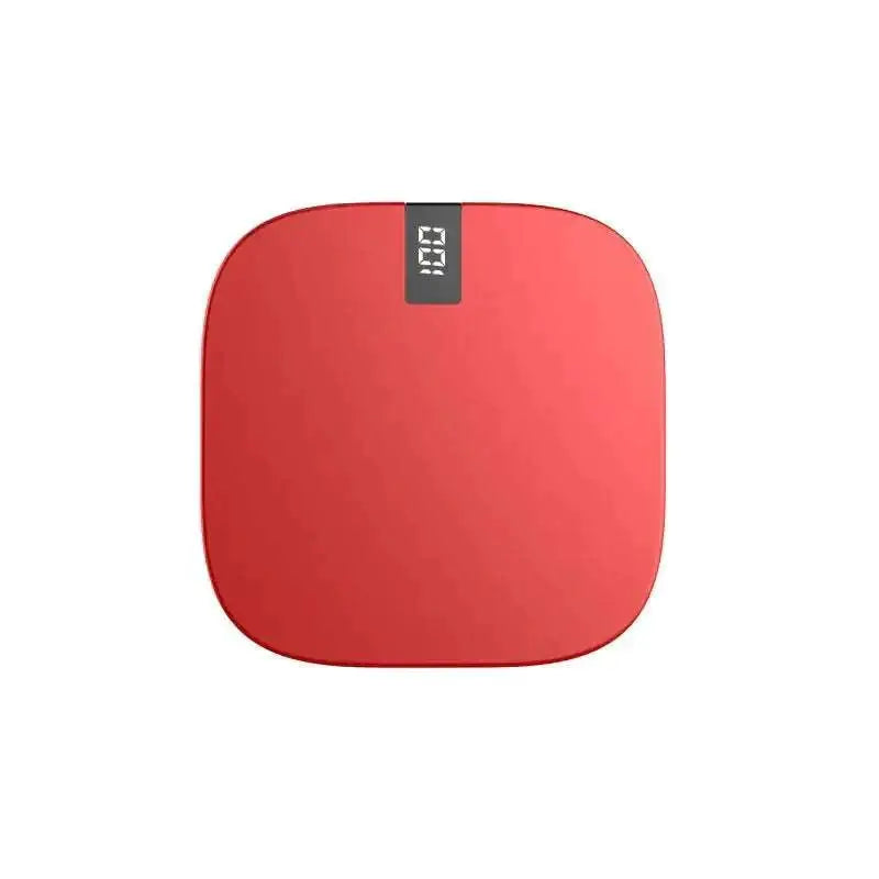 Black mini power bank 10000mah with digital scale slim design and rounded corners displaying 0.0 on screen