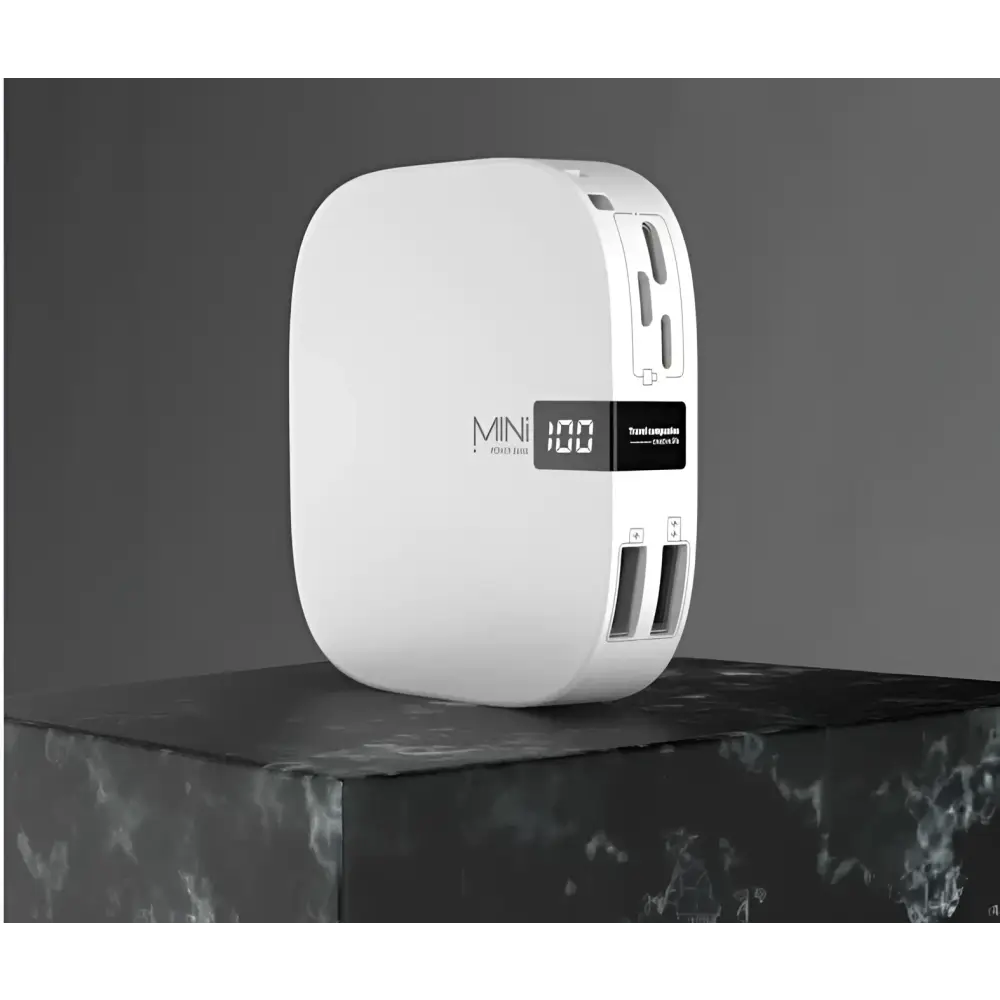 White mini power bank 10000mah with digital scale slim design and multiple usb ports showing 100 percent charge