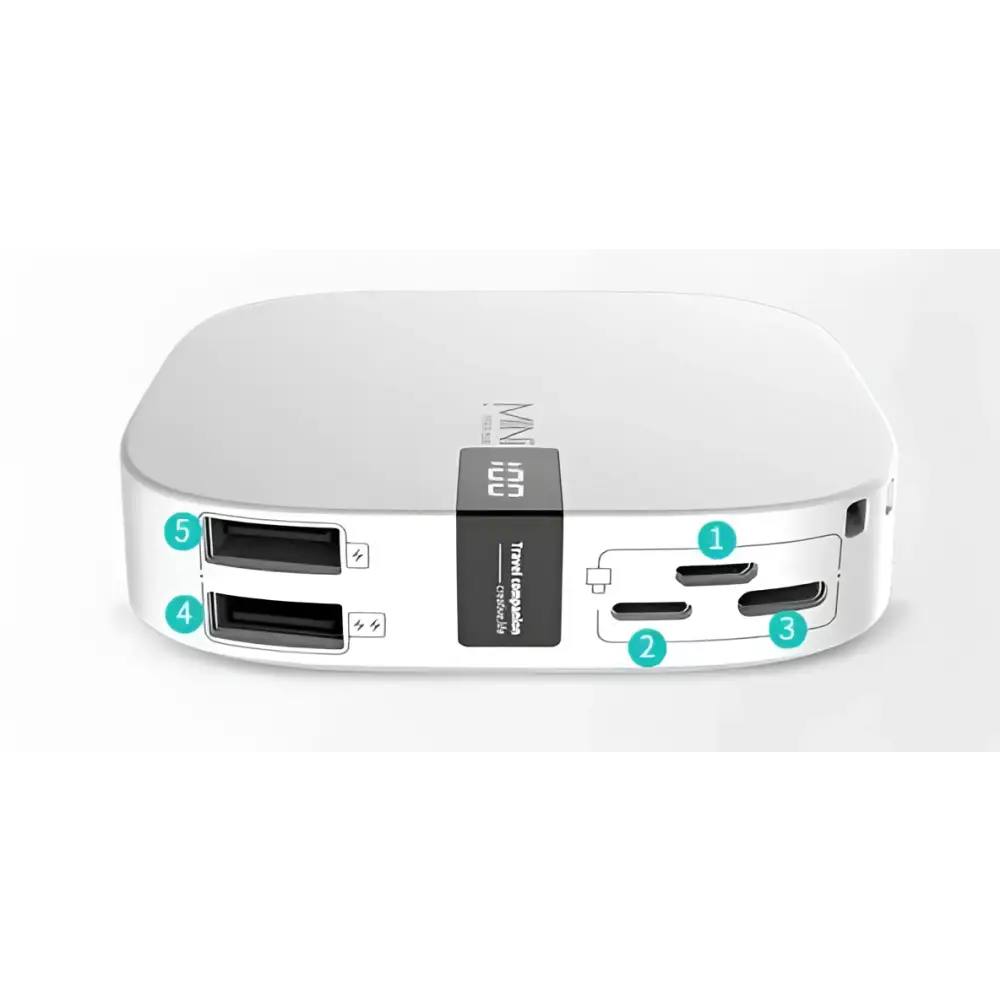 White rectangular mini power bank 10000mah with multiple usb ports and digital scale slim design labeled 100w trusted computing