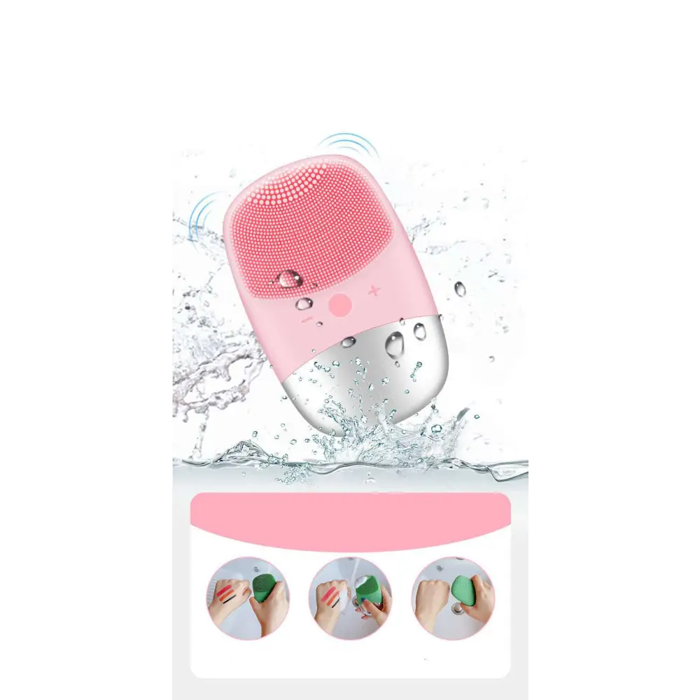 Mini silicone electric facial cleanser brush with pink and silver dual-tone body and soft silicone bristles for gentle cleansing