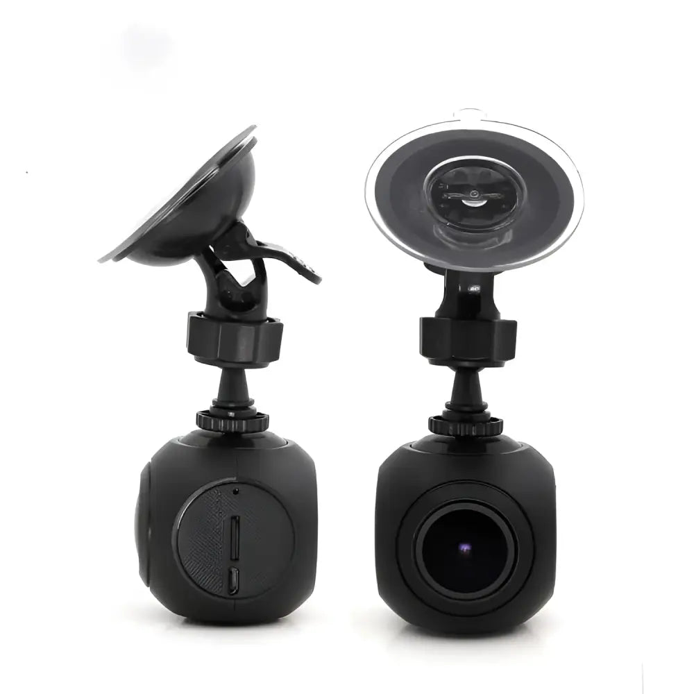 Black spherical mini wifi car dash cam with suction cup mount and adjustable arm featuring night vision