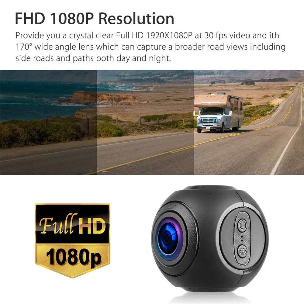 Black spherical mini wifi car dash cam with blue lens silver buttons featuring night vision for vehicle use