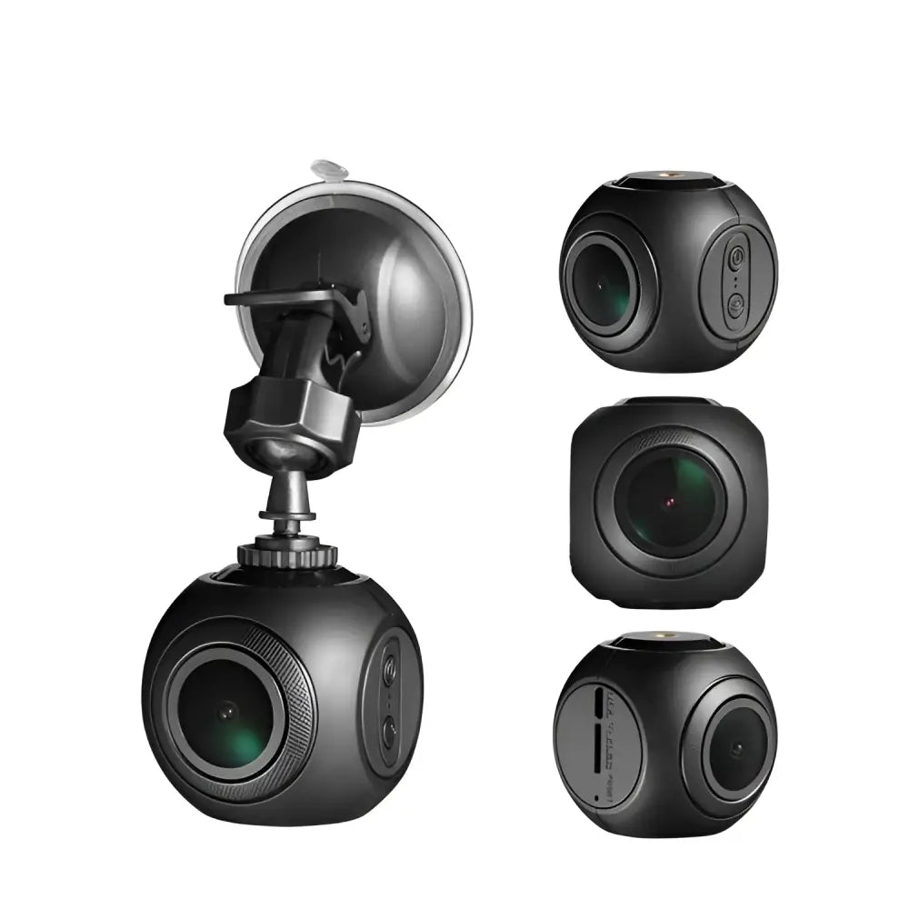 Black spherical mini wifi car dash cam with suction cup mount and night vision showing multiple viewing angles