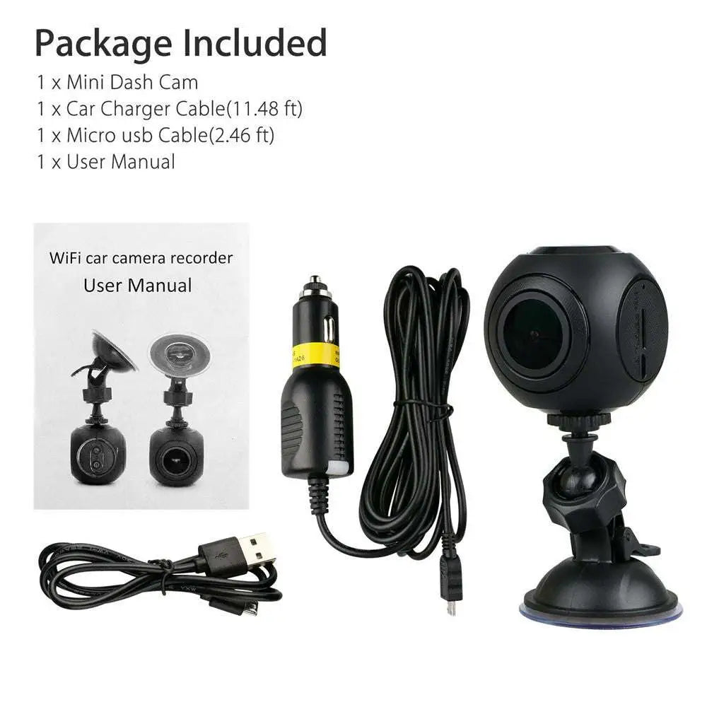 Black spherical mini wifi car dash cam with night vision features suction cup mount and adjustable ball joint