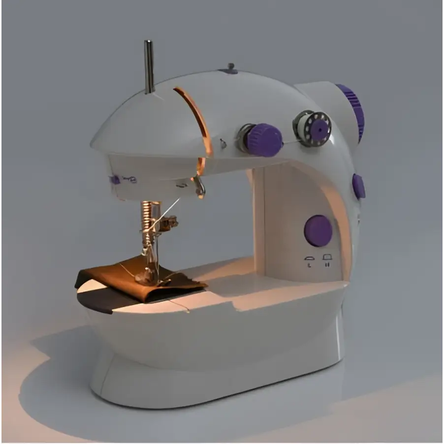 White and lavender miniature household multifunctional sewing machine with purple knobs and sleek modern design