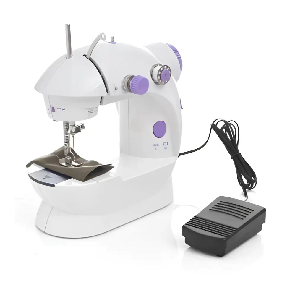 White and purple miniature household multifunctional sewing machine with foot pedal for versatile sewing tasks