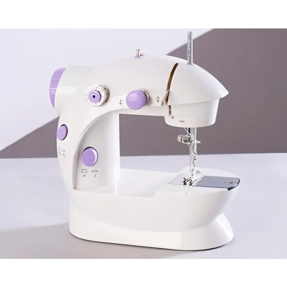White and lavender miniature household multifunctional sewing machine with purple knobs and sleek modern design