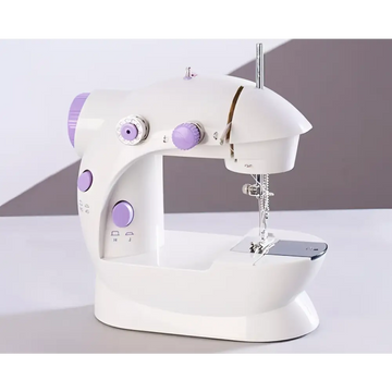White and lavender miniature household multifunctional sewing machine with purple knobs and sleek modern design