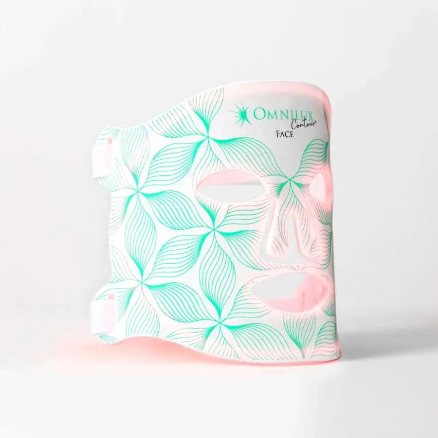 Minilux collagen anti aging beauty instrument with pink and teal floral omnilux contour face mask with eye nose mouth cutouts
